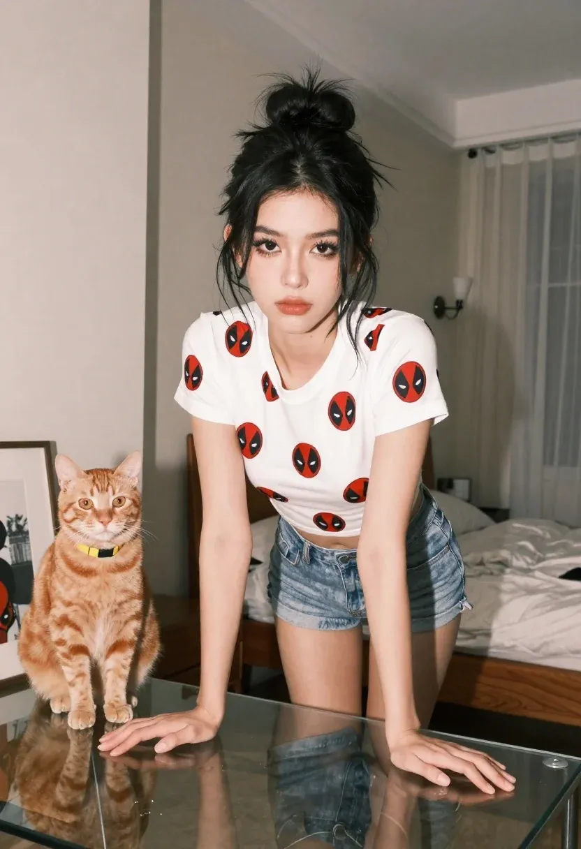 Young Woman With Dark Hair Styled Messy Bun Leans Forward