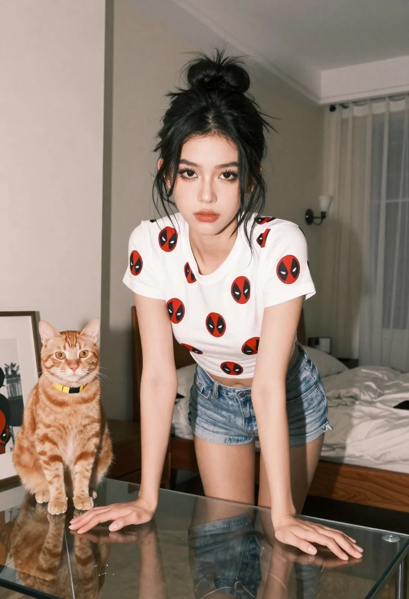 Young Woman With Dark Hair Styled Messy Bun Leans Forward reference photo