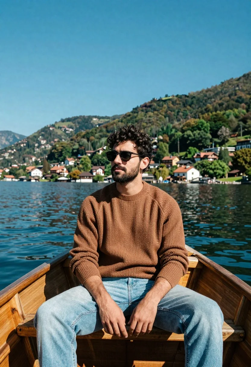 Man Sits Wooden Boat Calm Lake With Lush Green Hills