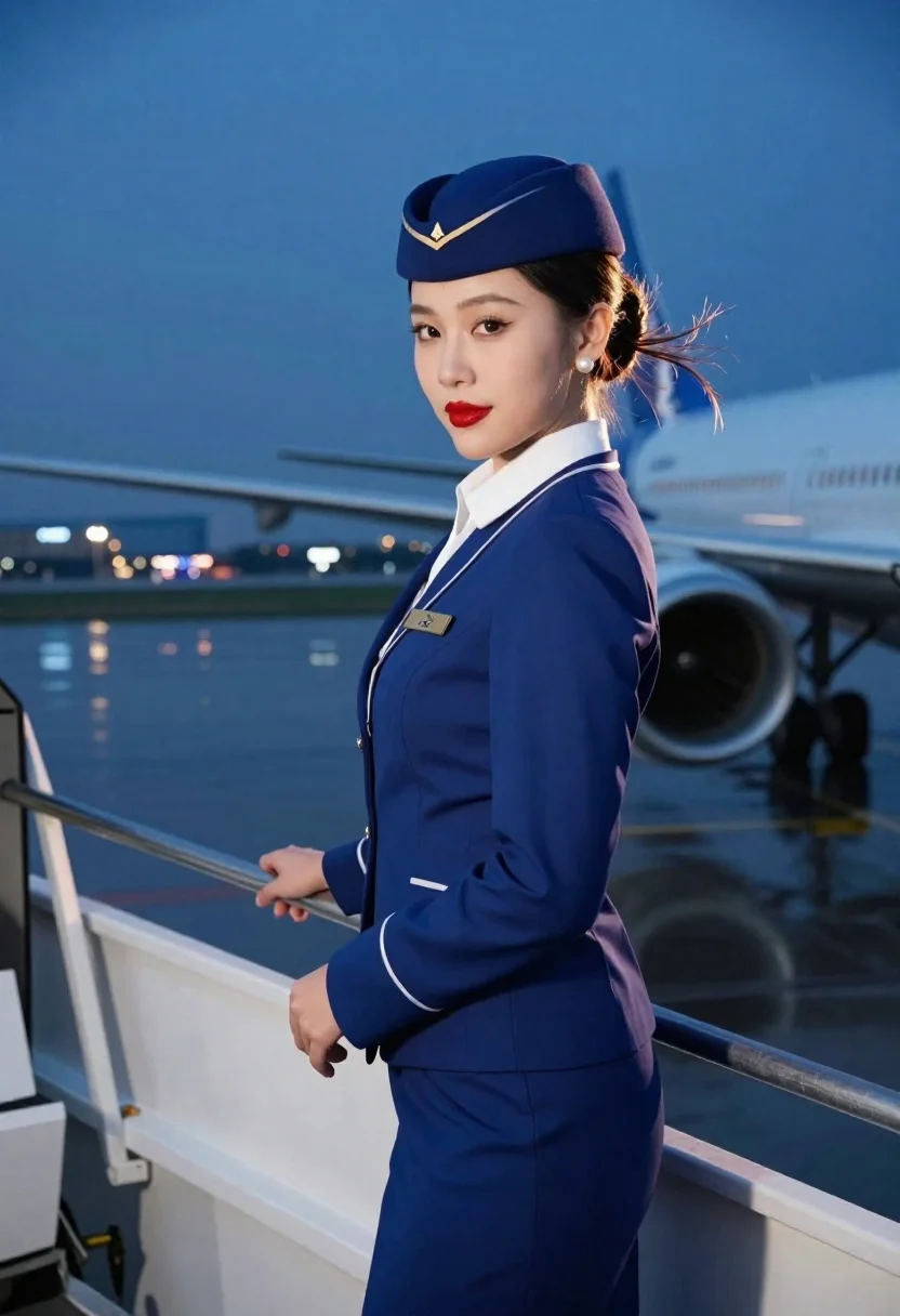Cinematic Portrait Elegant Flight Attendant Standing The Boarding Stairs Dusk reference photo