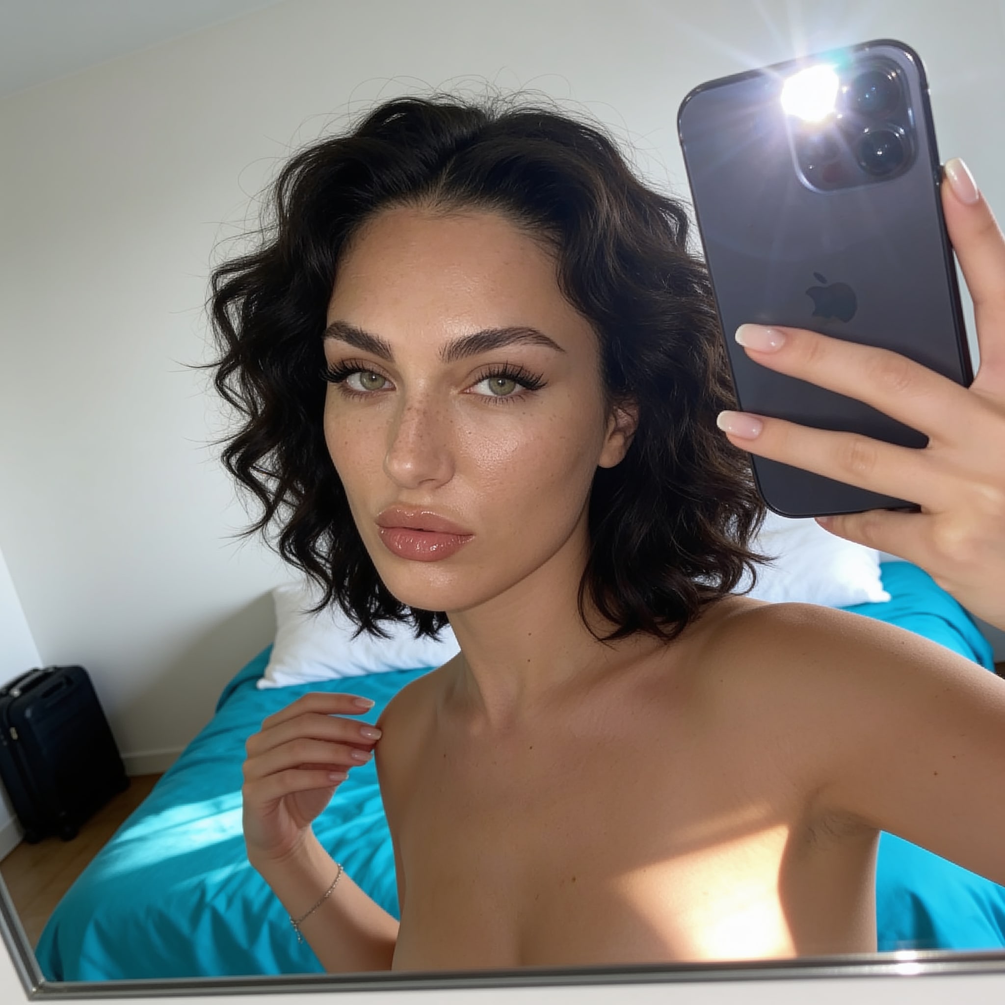 A high-angle mirror selfie of a woman with curly hair, nude from the waist up, reflected in a soft-lit bedroom.