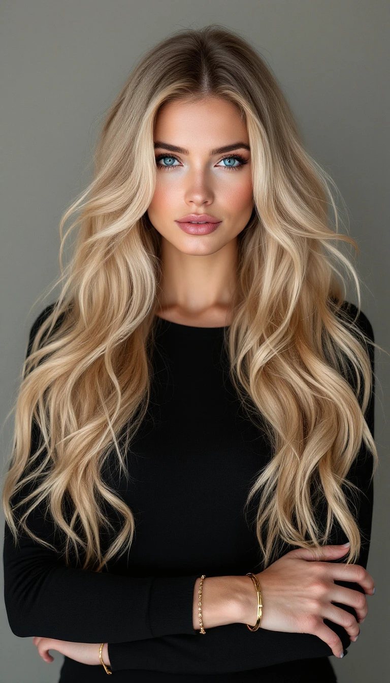 A woman with long, wavy light golden hair wearing a black top and gold bracelet, set against a neutral backdrop.