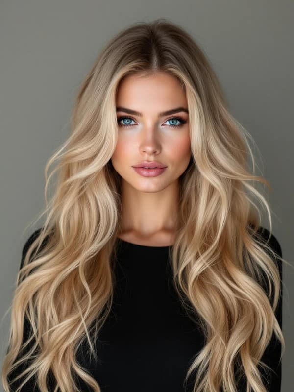 A woman with long, wavy light golden hair wearing a black top and gold bracelet, set against a neutral backdrop.