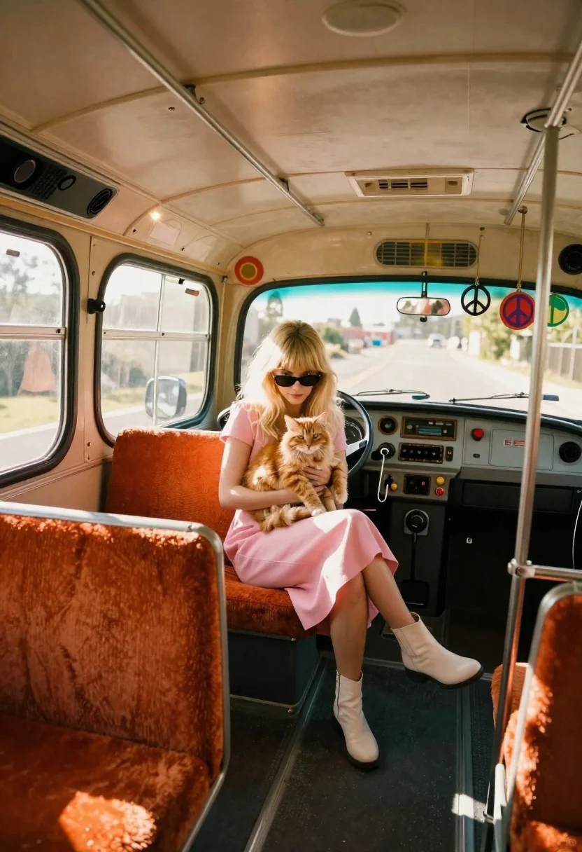 Subject Blonde Woman With Bangs And Sunglasses Sits Bus Seat reference photo