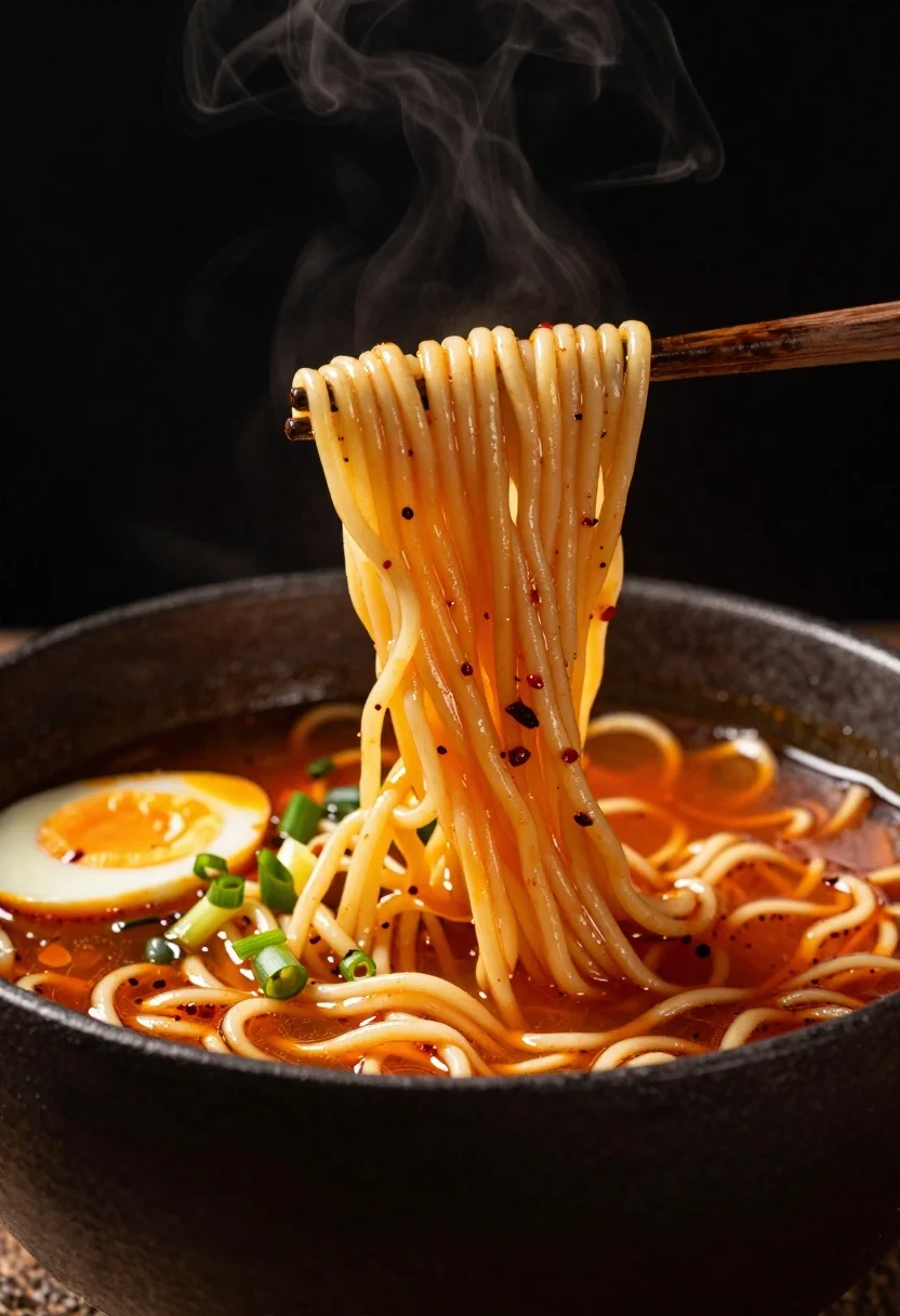 Close-up Food Photography Steaming Bowl Spicy Ramen Noodles Being Lifted reference photo