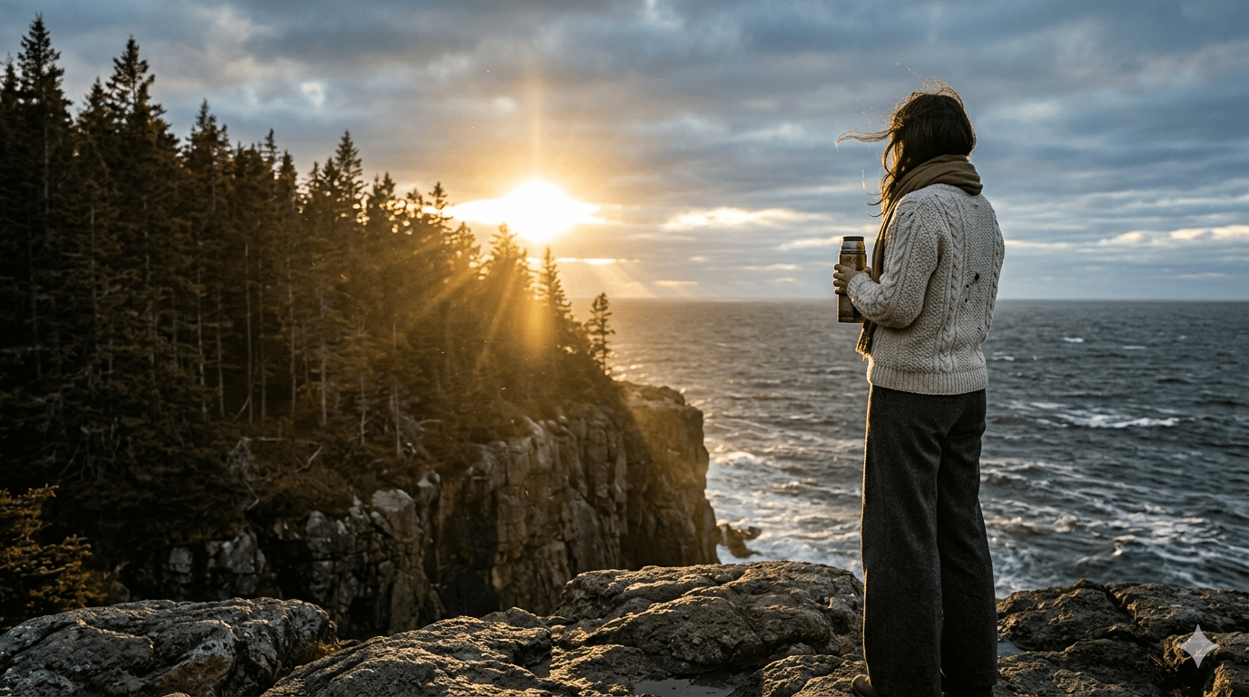 Rocky Cliff Ocean View Golden Hour Knit Sweater