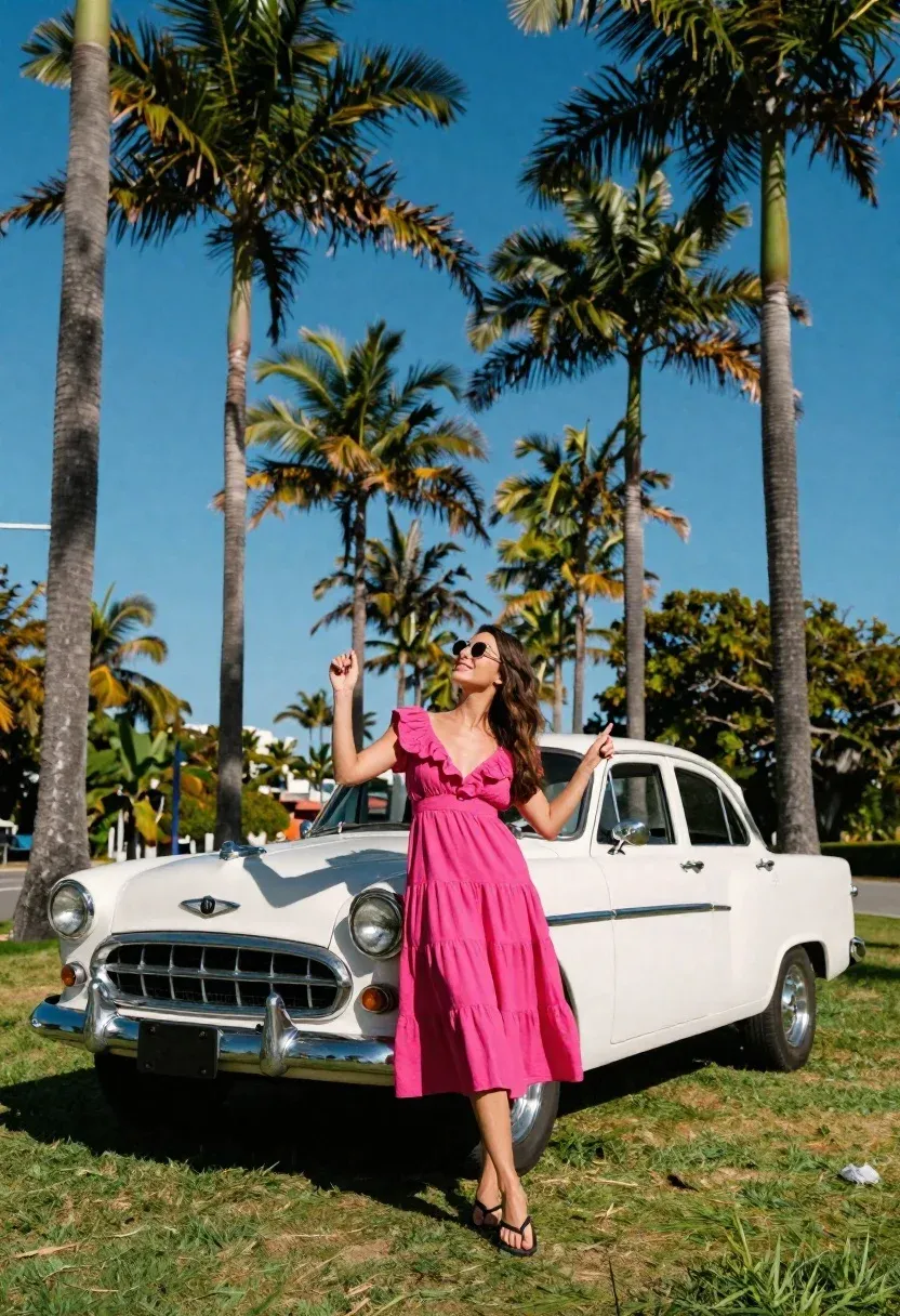 Woman Vibrant Pink Dress Poses Playfully Beside Vintage White Car