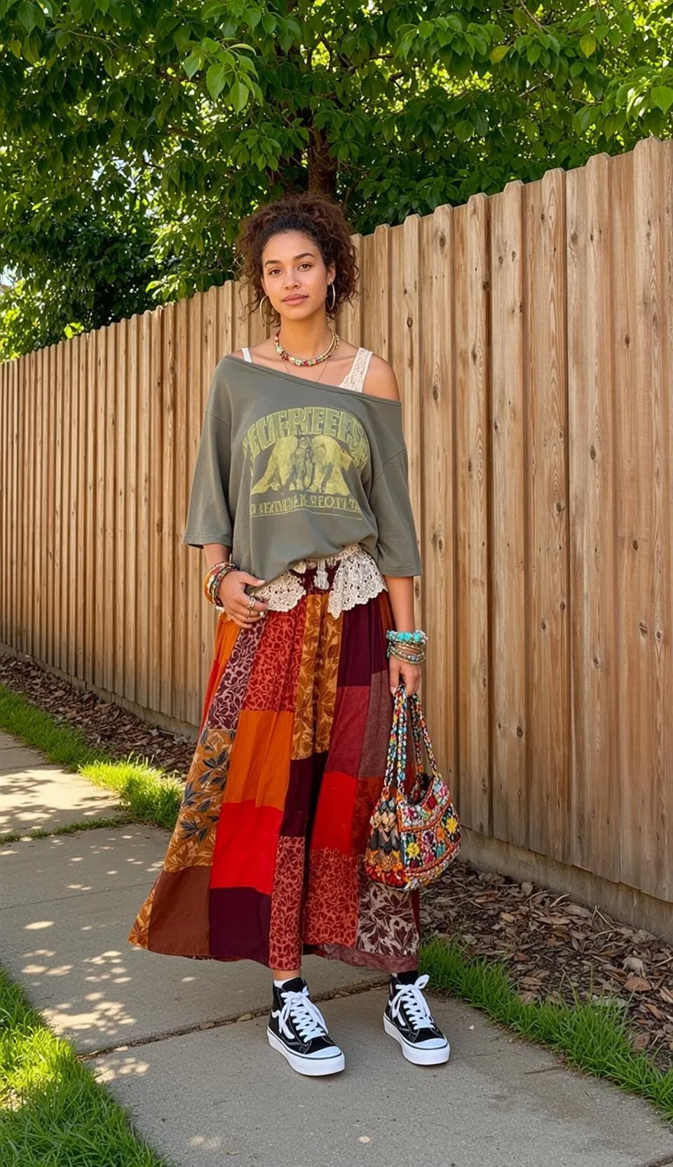 Patchwork Skirt Olive T Shirt Standing Neutral