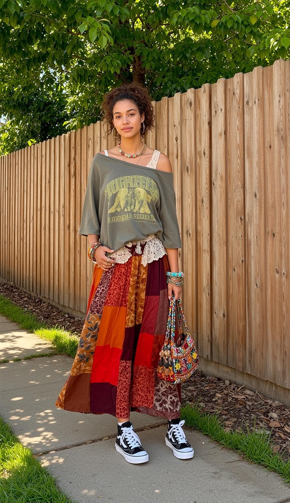 Patchwork Skirt Olive T Shirt Standing Neutral