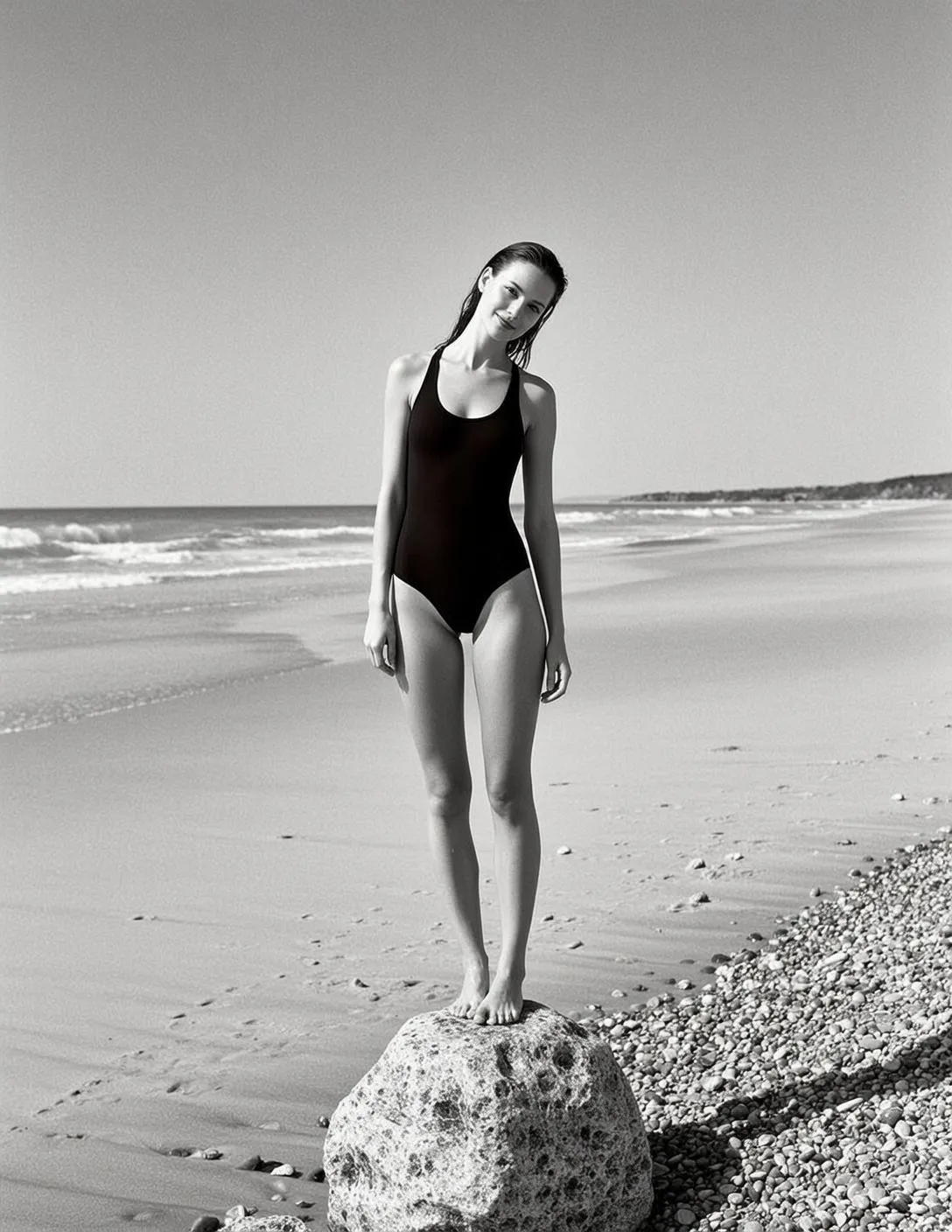 Full-body Vertical Black And White Photograph Captures Young Woman Standing