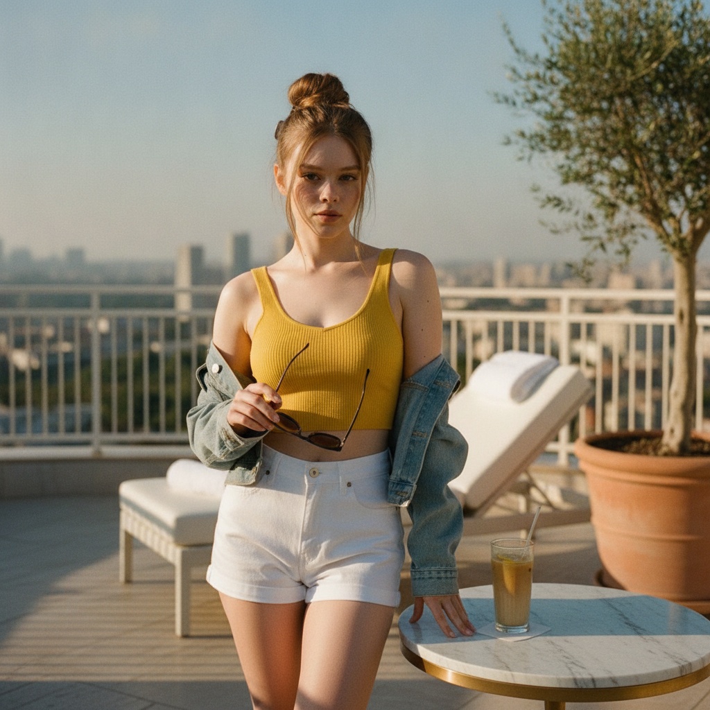 Full-body portrait of person in yellow crop top on luxury rooftop with urban skyline, denim jacket, and sunglasses.