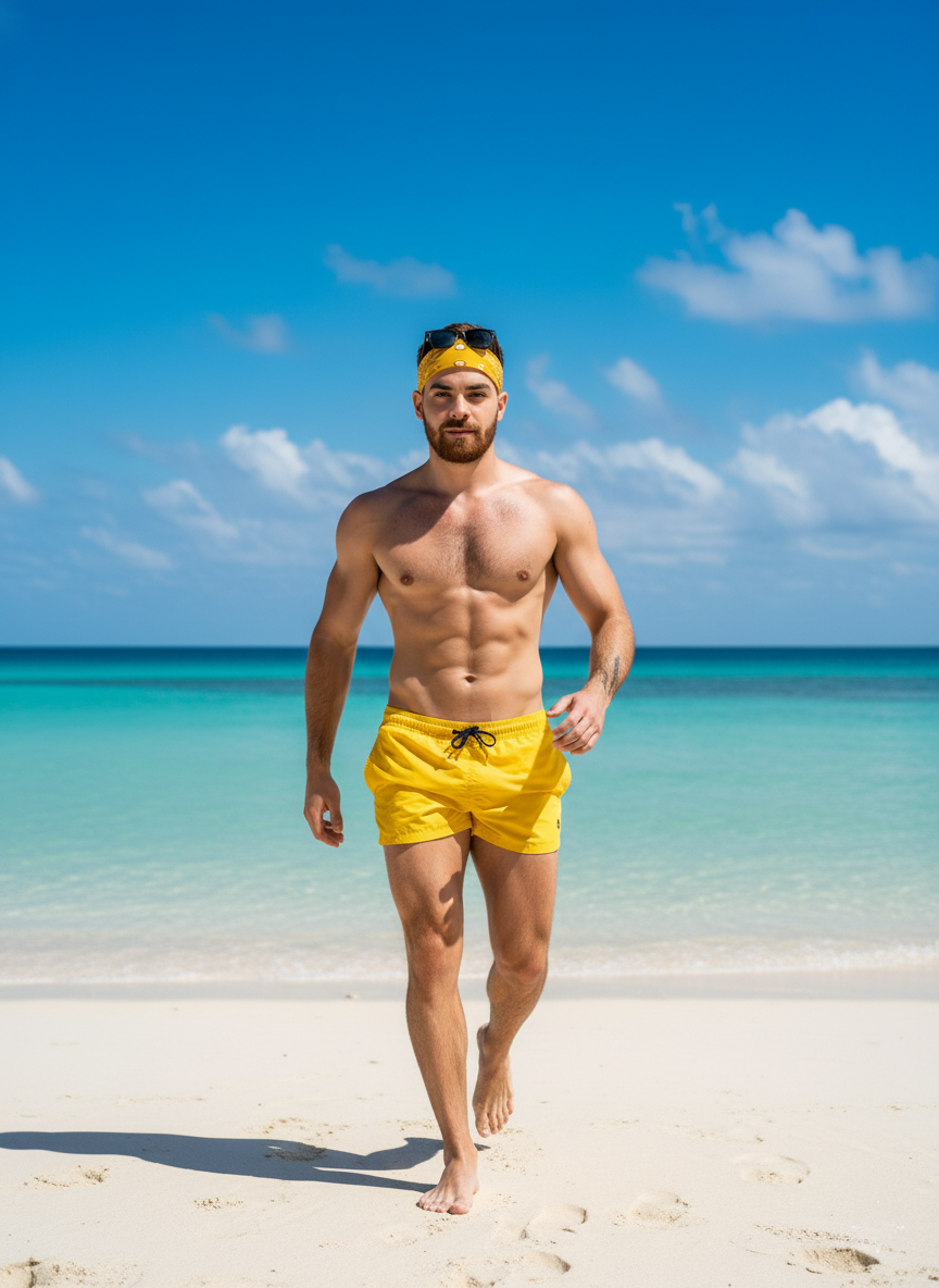 Muscular man in bright yellow beachwear walking confidently on a sunny tropical beach.