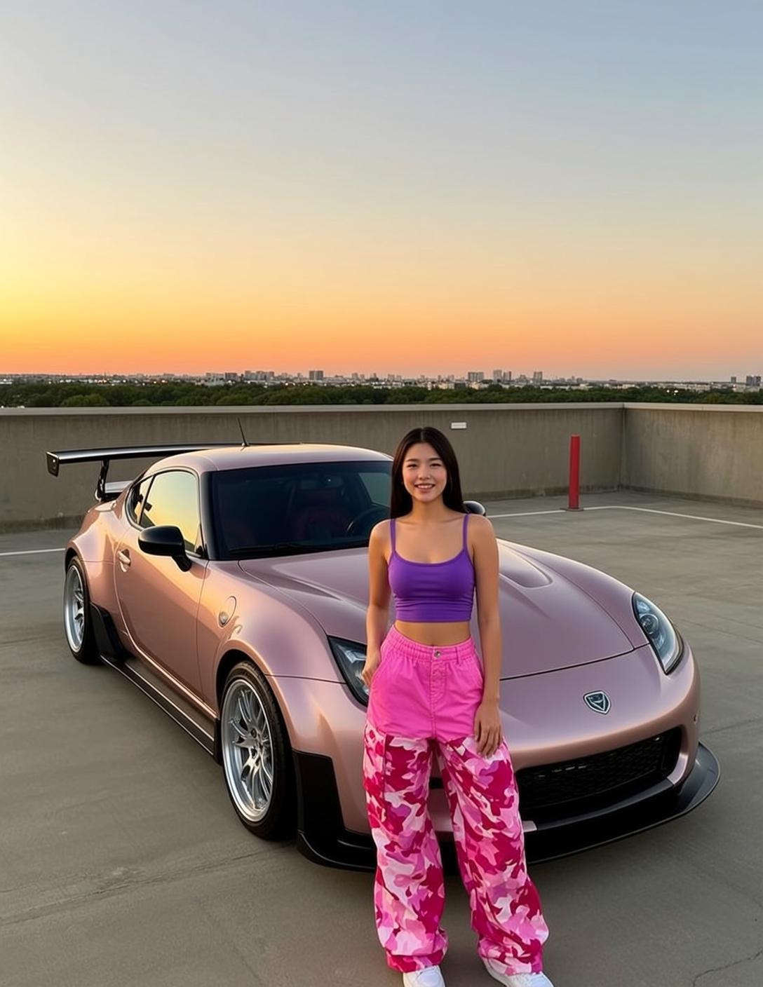 Purple Crop Top Pink Cargo Pants Hands in Pockets Concrete