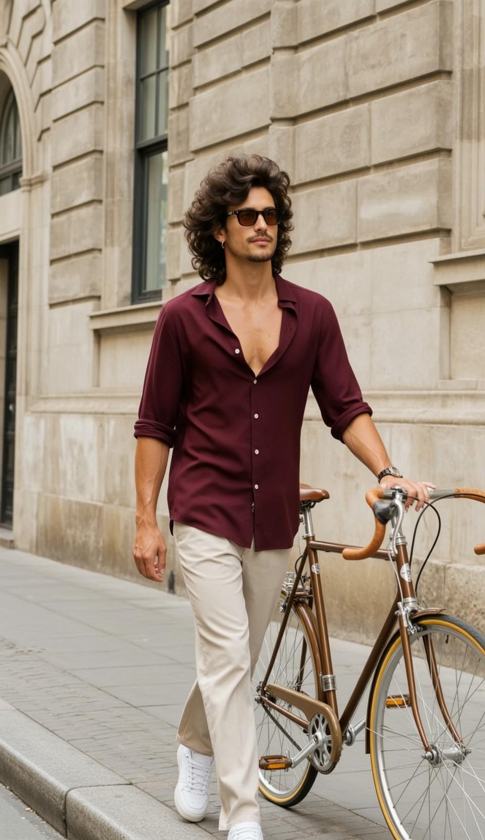 Dark Curly Hair Mustache Voluminous Tanned Unbuttoned