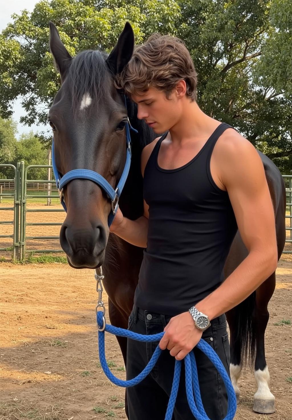 Man And Horse Dark Bay Thoughtful Pose