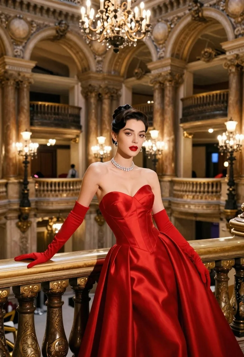 A glamorous woman stands gracefully on an ornate balcony in a striking red strapless gown, illuminated by warm chandelier light.