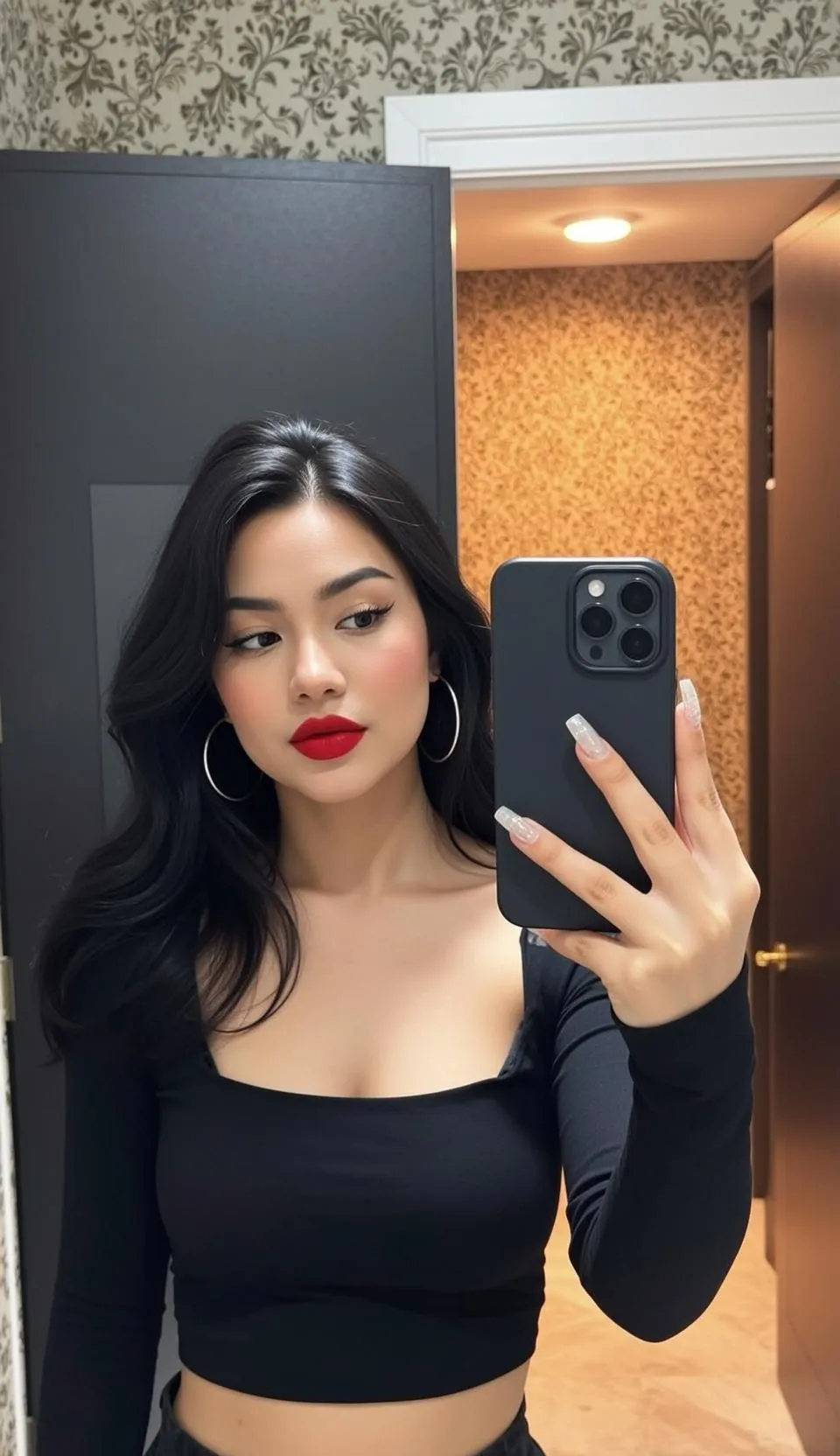 Makeup And Earrings And Manicure In Casual Selfie