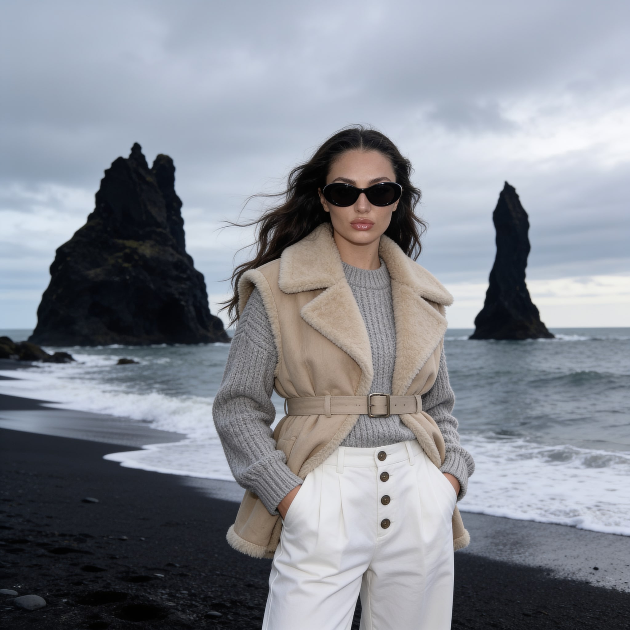 A woman with long wavy hair in an oversized beige shearling vest stands on a black sand beach, dramatic sea stacks and overcast sky behind her.