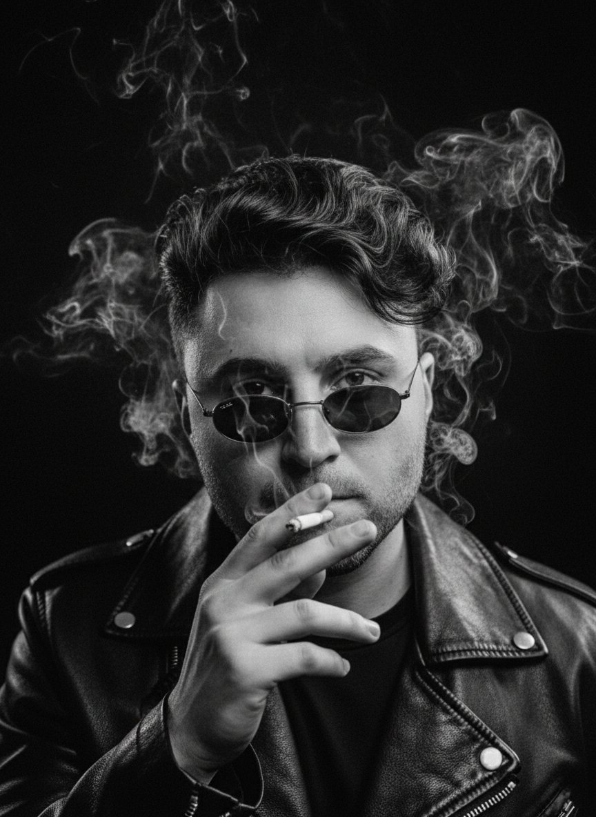 A man with wavy black hair in a black leather jacket, surrounded by swirling smoke in a dramatic black studio setting.