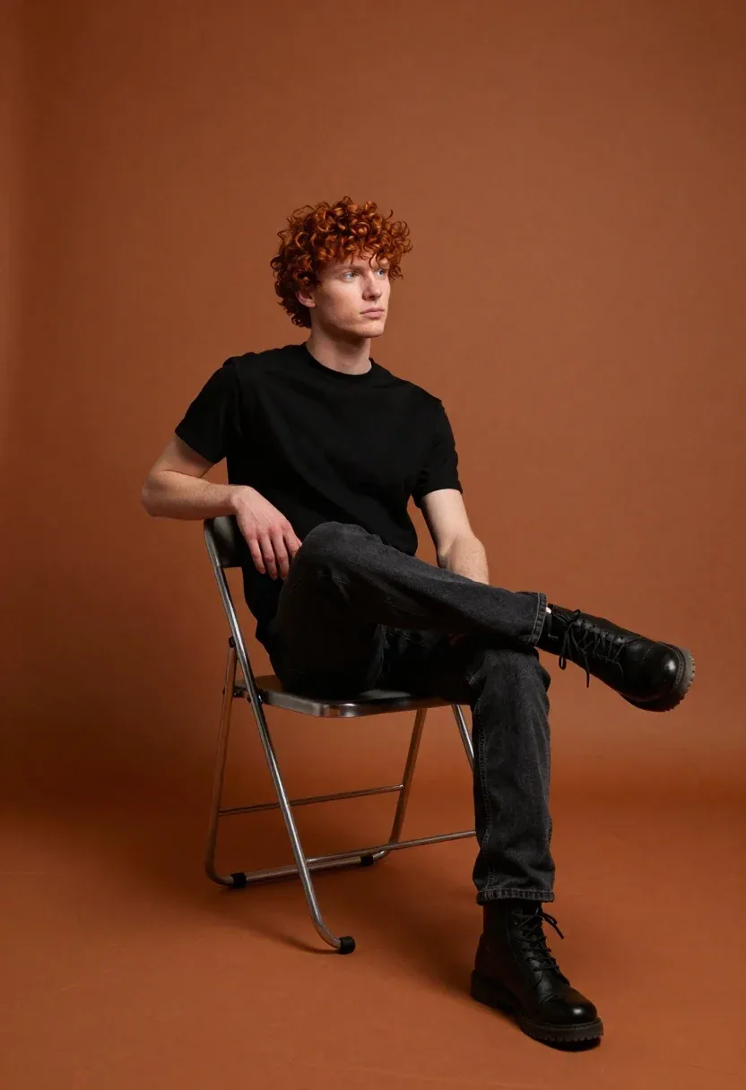 Young Man With Curly Red Hair Sits Casually Metal Folding