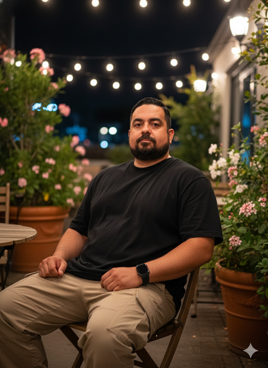 A young athletic man seated at an outdoor café, donning a loose black shirt and beige cargo pants, illuminated by warm string lights.