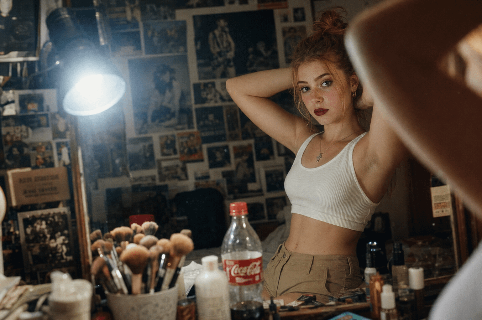 Cluttered Vanity Mirror Messy Bun White Crop Top