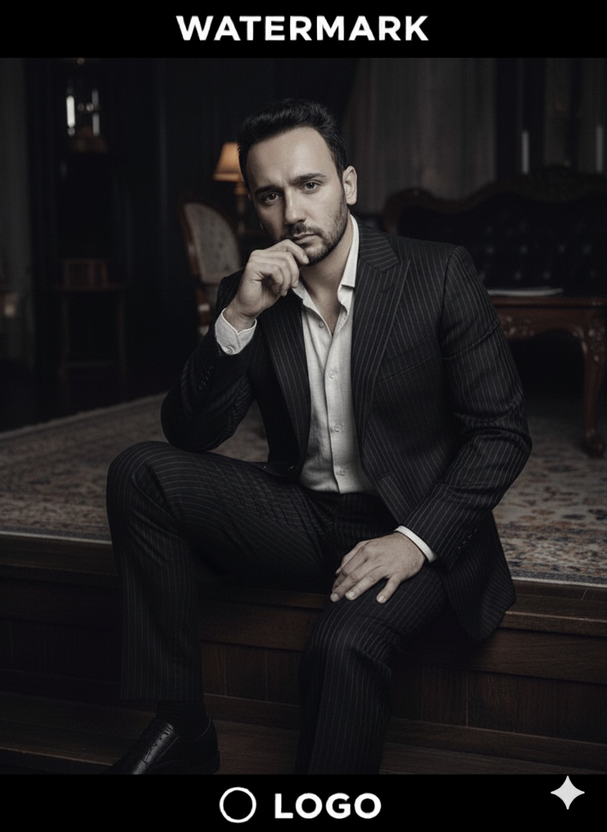 Portrait of a contemplative man in a black pinstripe suit, seated elegantly against a luxurious dark interior, showcasing mechanical prosthetics.