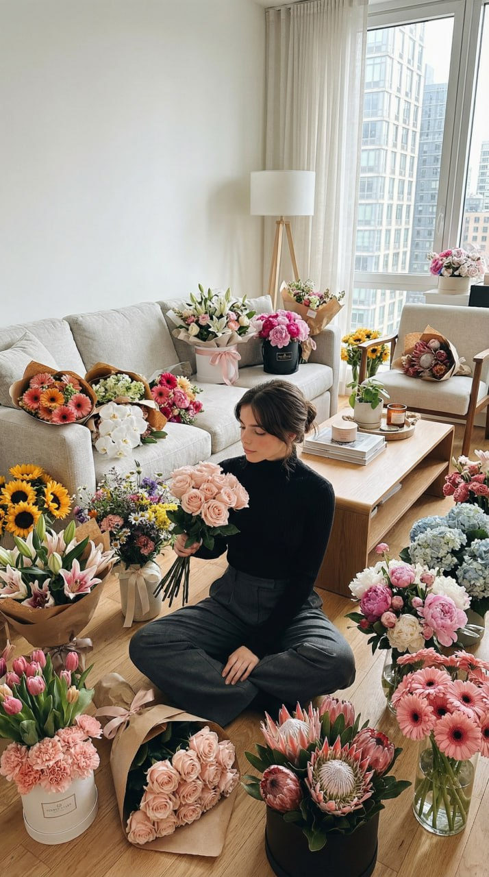 A modern living room filled with various flower bouquets, featuring a light-gray sectional sofa and natural daylight.