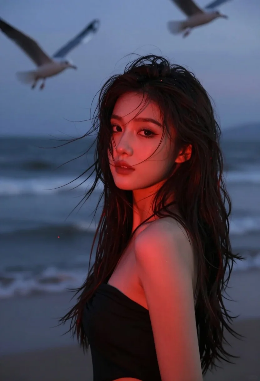 Young Woman With Long Dark Hair Stands The Ocean Dusk