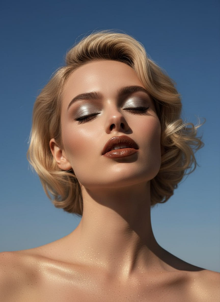 Close-up glamorous portrait featuring glowing makeup, natural daylight, and a soft focus on a calm expression against a cloudless blue sky.