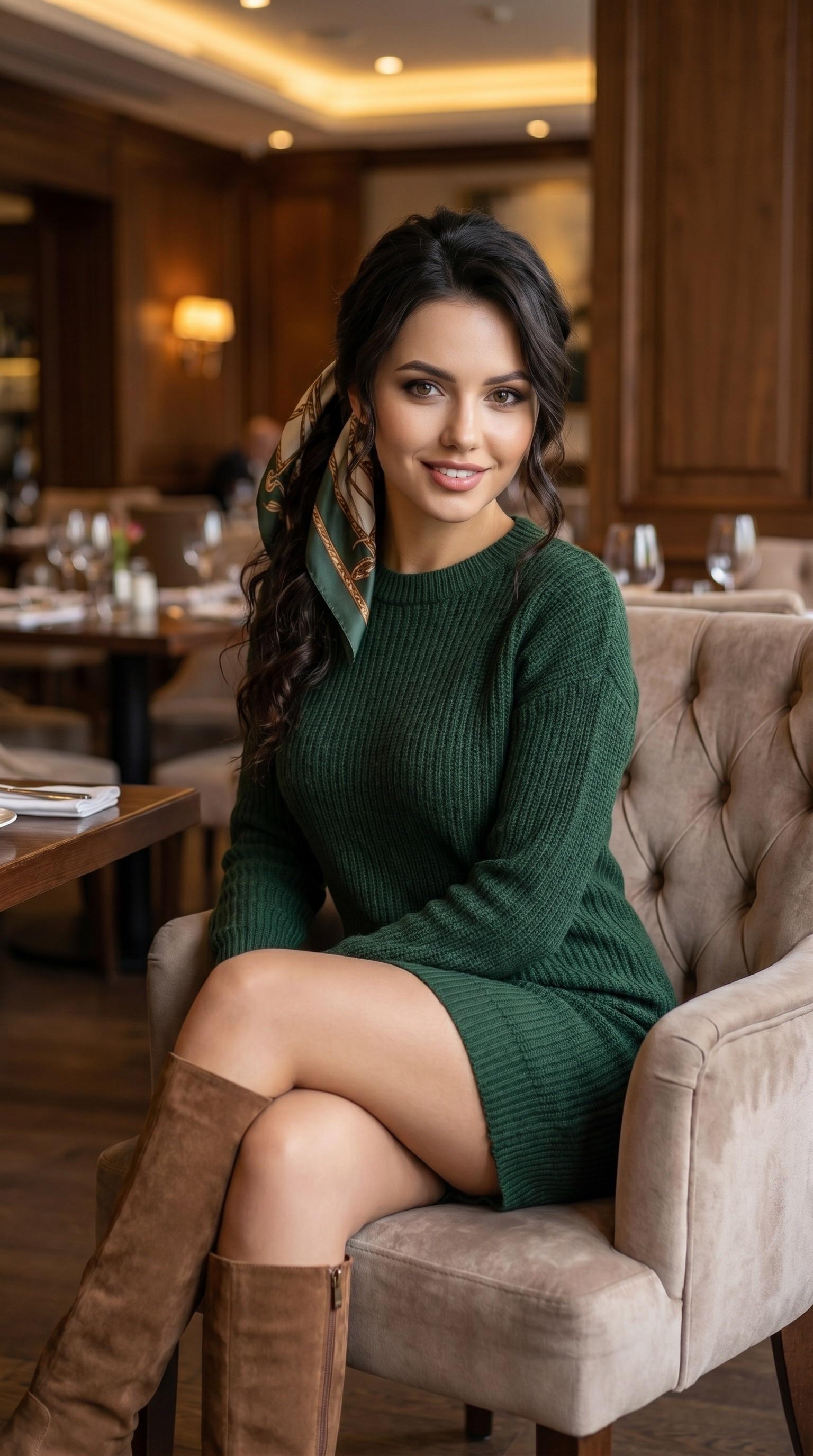 Forest Green Sweater Dress In Dimly Lit Restaurant