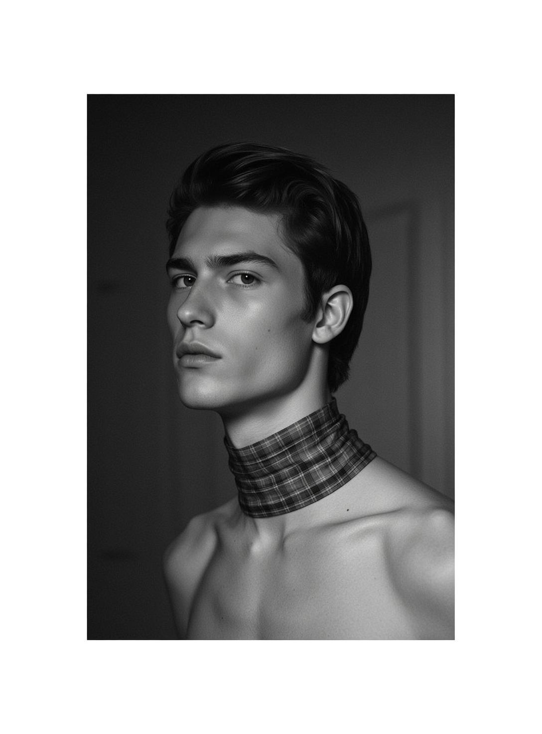 Photorealistic Black And White Medium Shot Portrait Young Man With