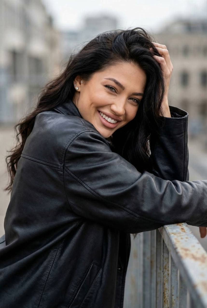 A woman smiling brightly in a close-up portrait, leaning against a metal railing, dressed in an oversized black leather jacket.