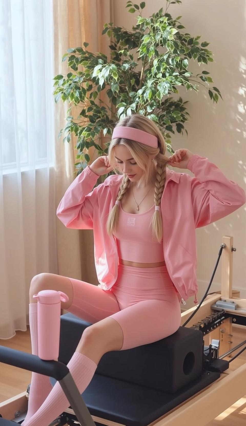 Pink Pilates Reformer Pose