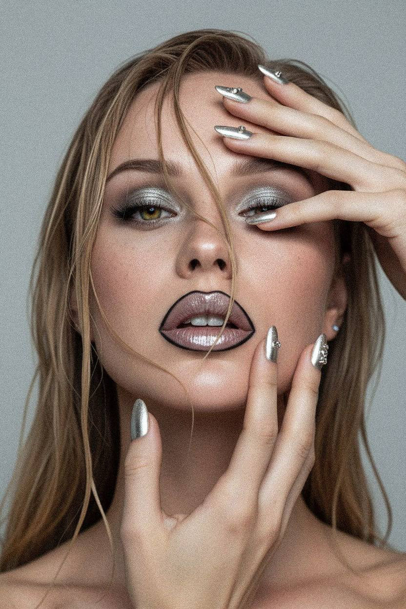 Extreme close-up of a face with gold reflective eyes, light freckles, glossy lips, and wet hair styled in abstract curves.