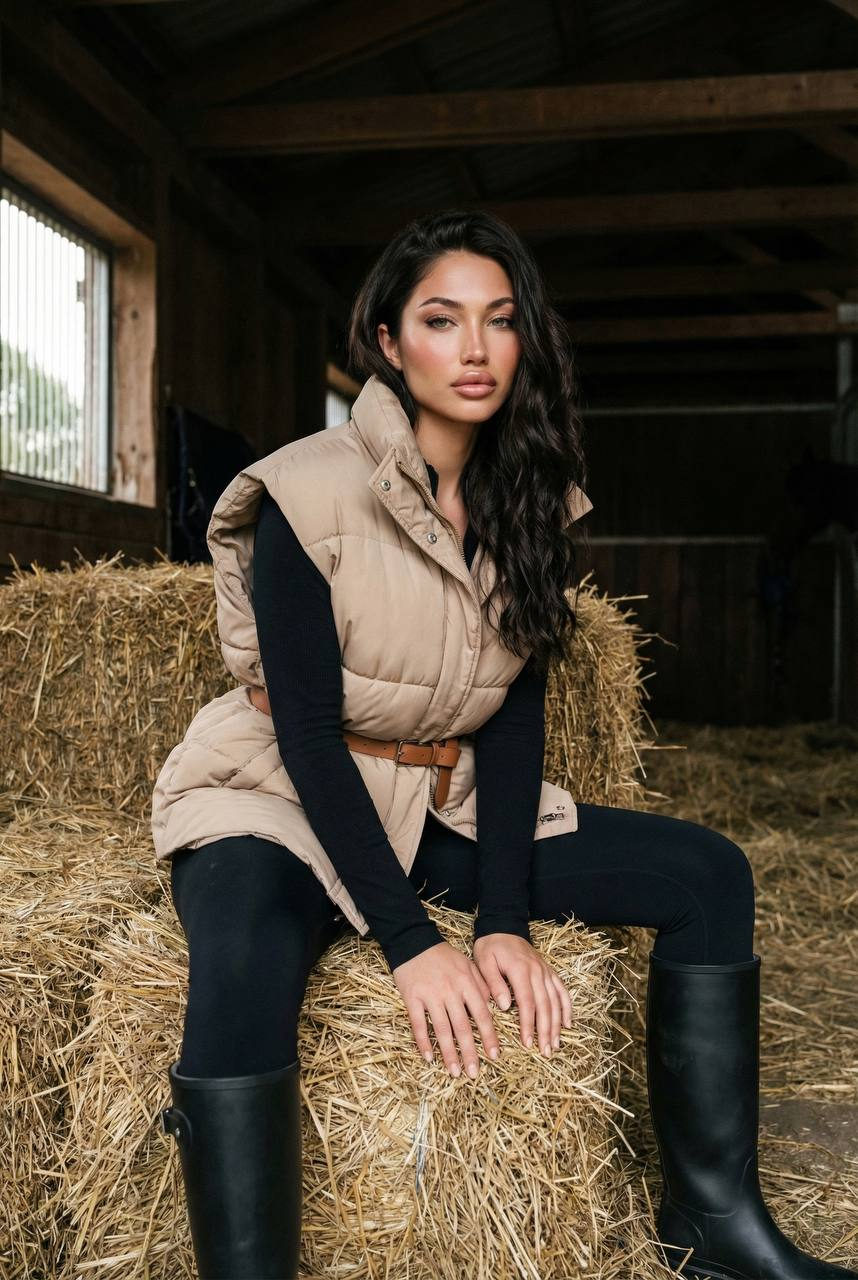 A woman in an oversized beige vest seated on hay bales in a rustic stable, showcasing a fashion editorial pose and calm expression.