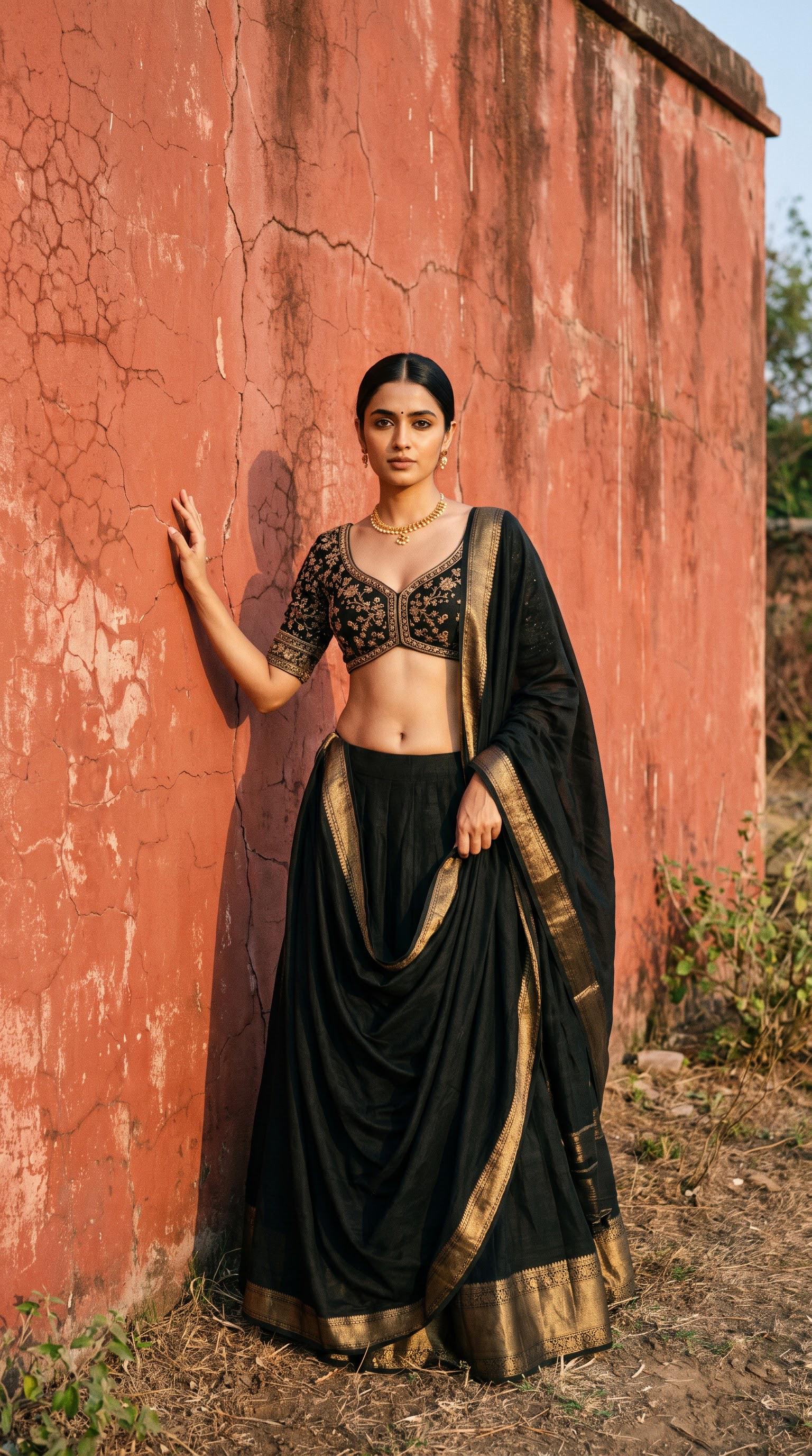 Black Lehenga Gold Embroidery Weathered Wall