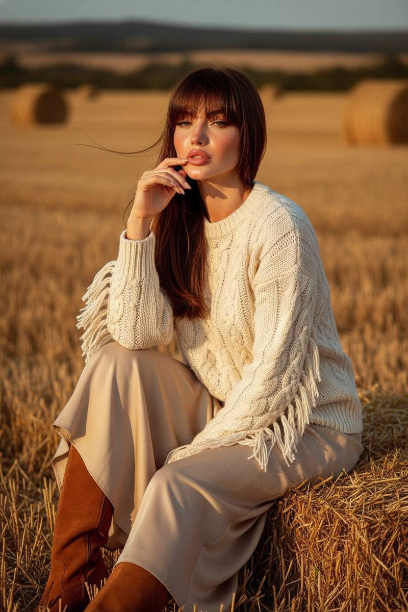 A woman in an ivory sweater and beige skirt sits beside a hay bale, gazing thoughtfully with golden hour sunlight illuminating her.