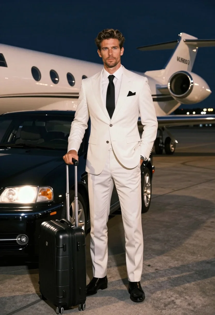 Confident Man White Three-piece Suit Stands Airport Tarmac Night Next