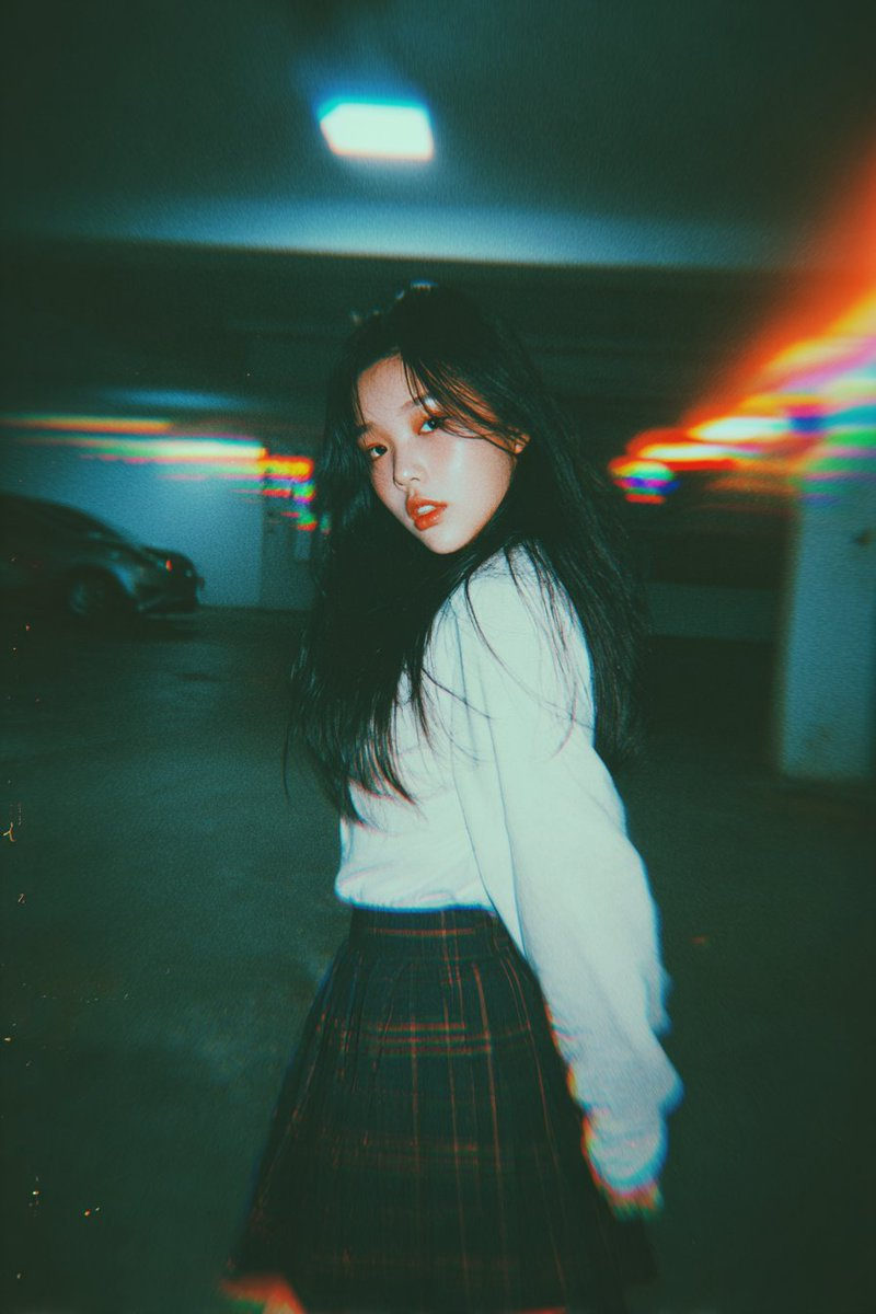 A k-pop idol in a stylish preppy school uniform, mid-movement in a dim underground parking garage, with dreamy lighting and motion blur.