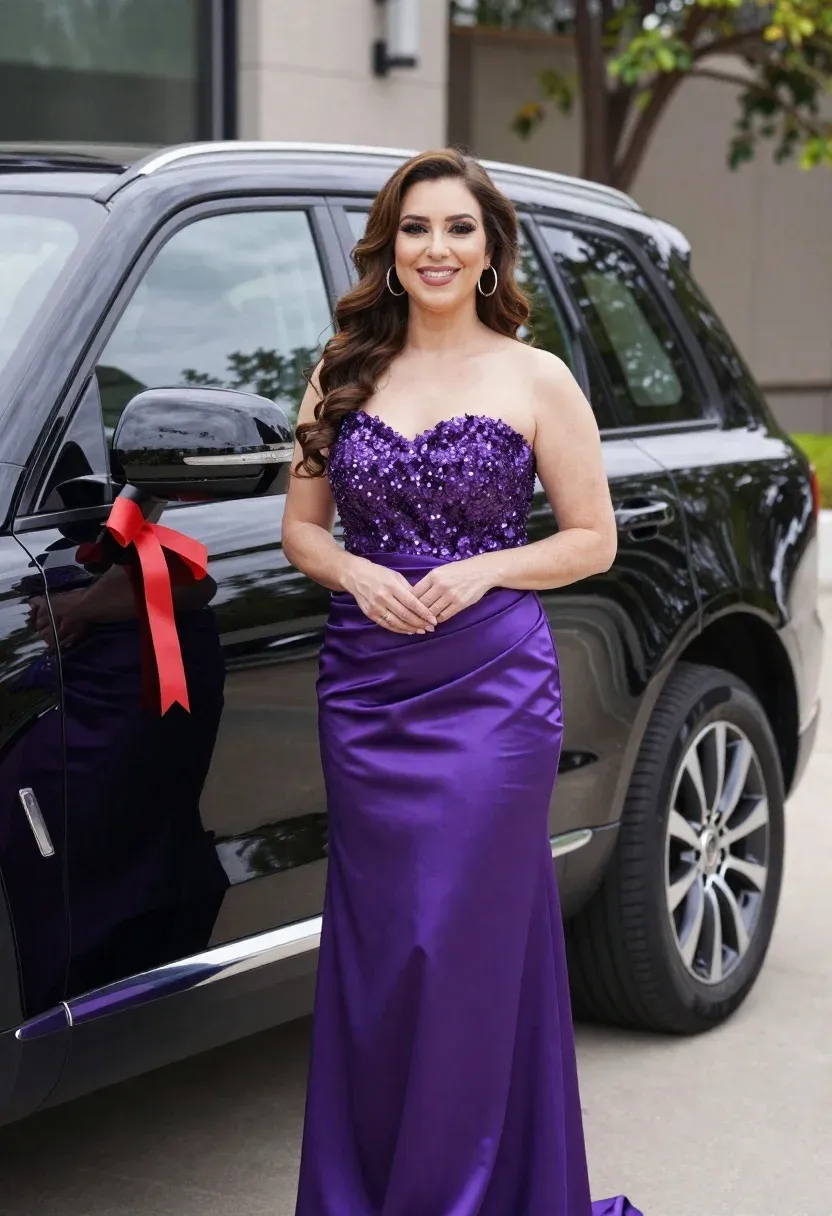 Woman Stands Smiling Next Black Suv With Red Ribbon The