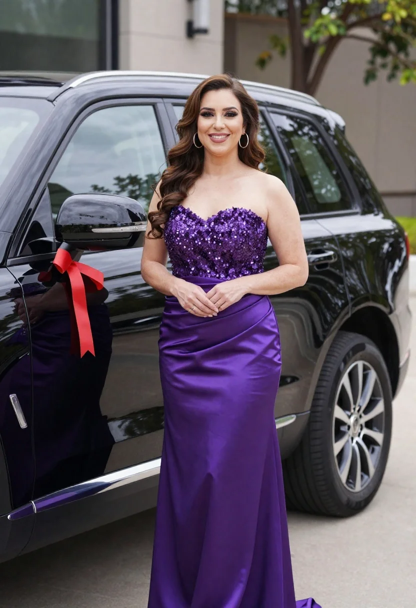 Woman Stands Smiling Next Black Suv With Red Ribbon The reference photo