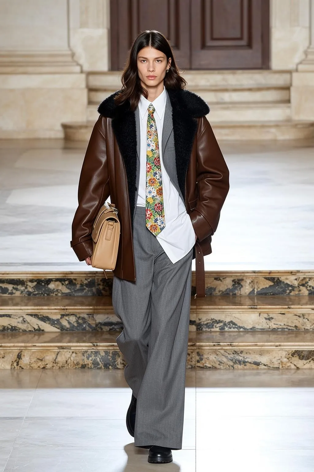 Runway Model Walking Marble Stairs Floral Tie