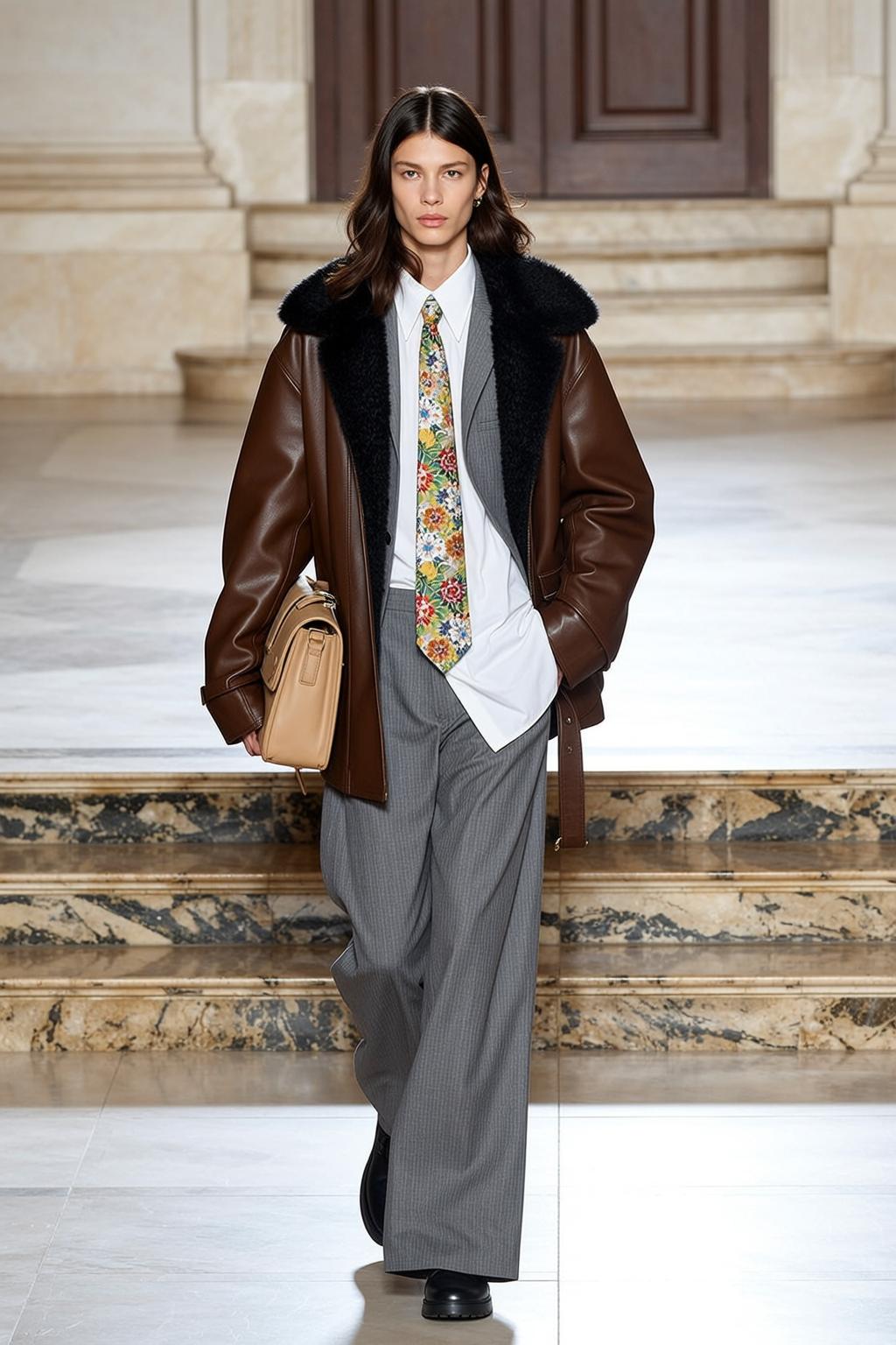 Runway Model Walking Marble Stairs Floral Tie