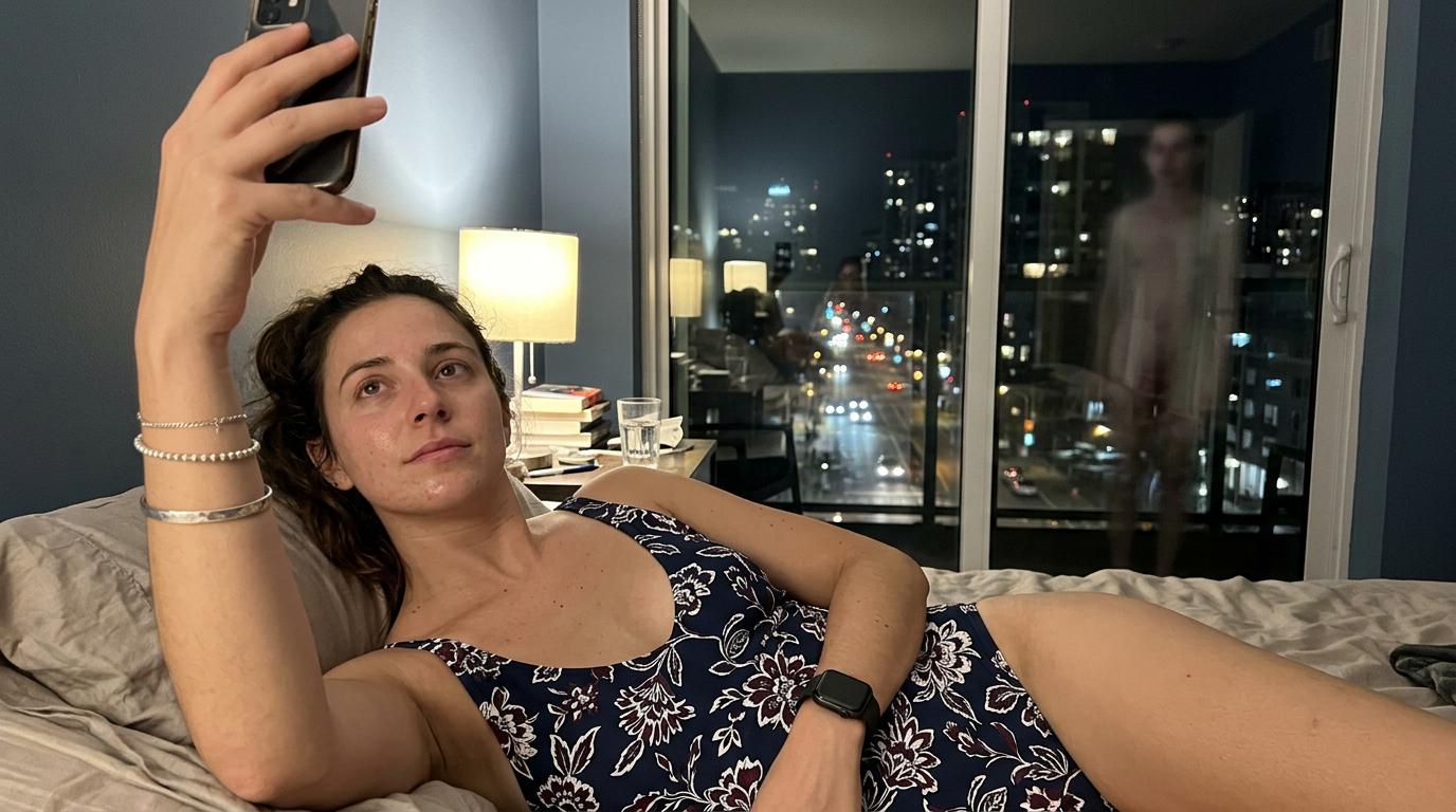 Selfie Navy Swimsuit Floral Pattern Night Cityscape