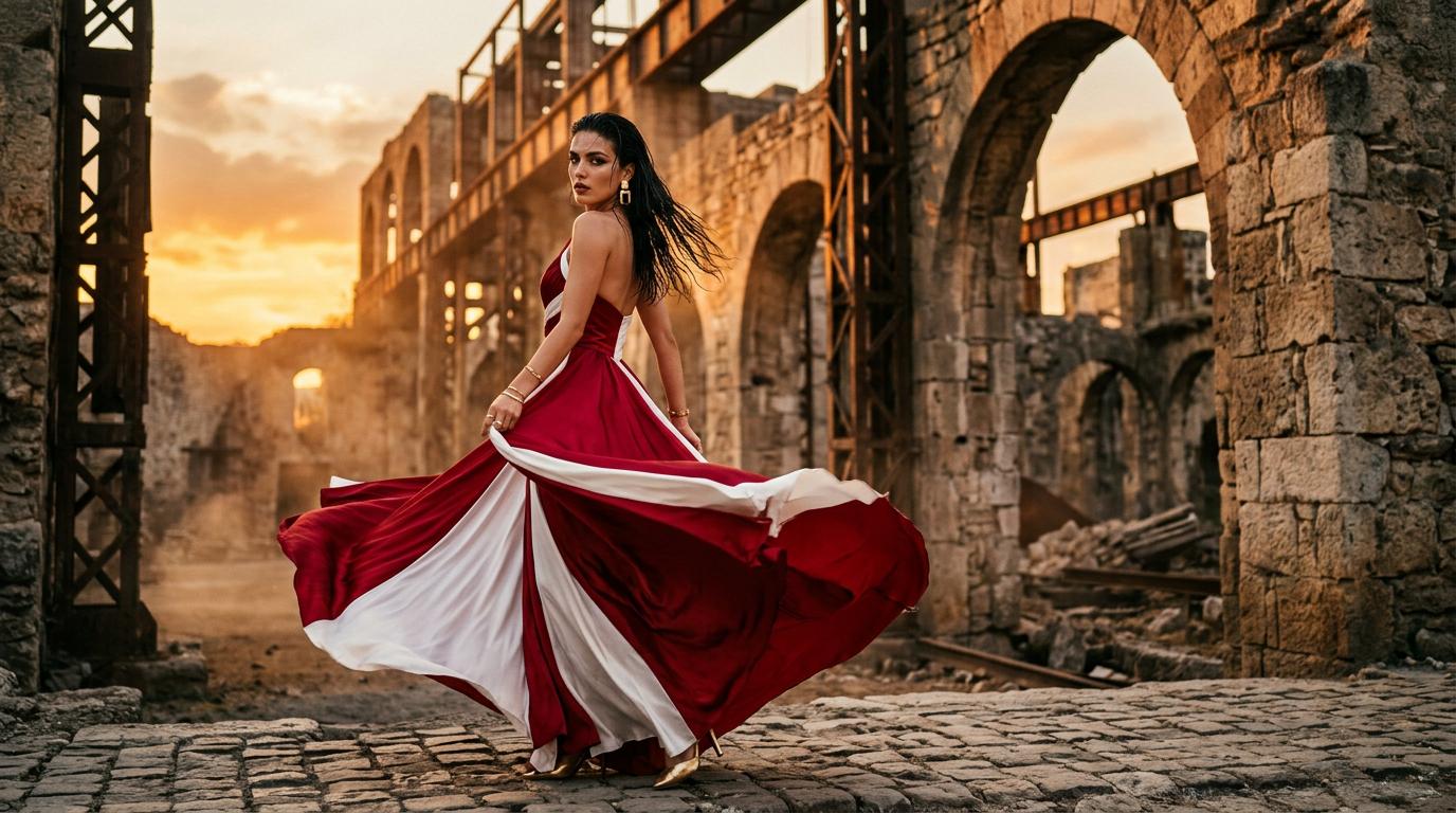 Crimson White Gown Ruins Sunset Golden Hour