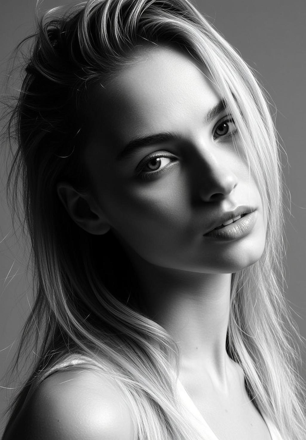 Black And White Medium Close-up Portrait Young Woman With Fair