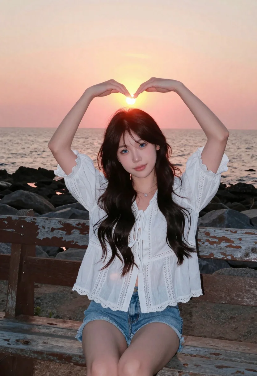Young Woman Sits Weathered Wooden Bench The Seaside During Sunset