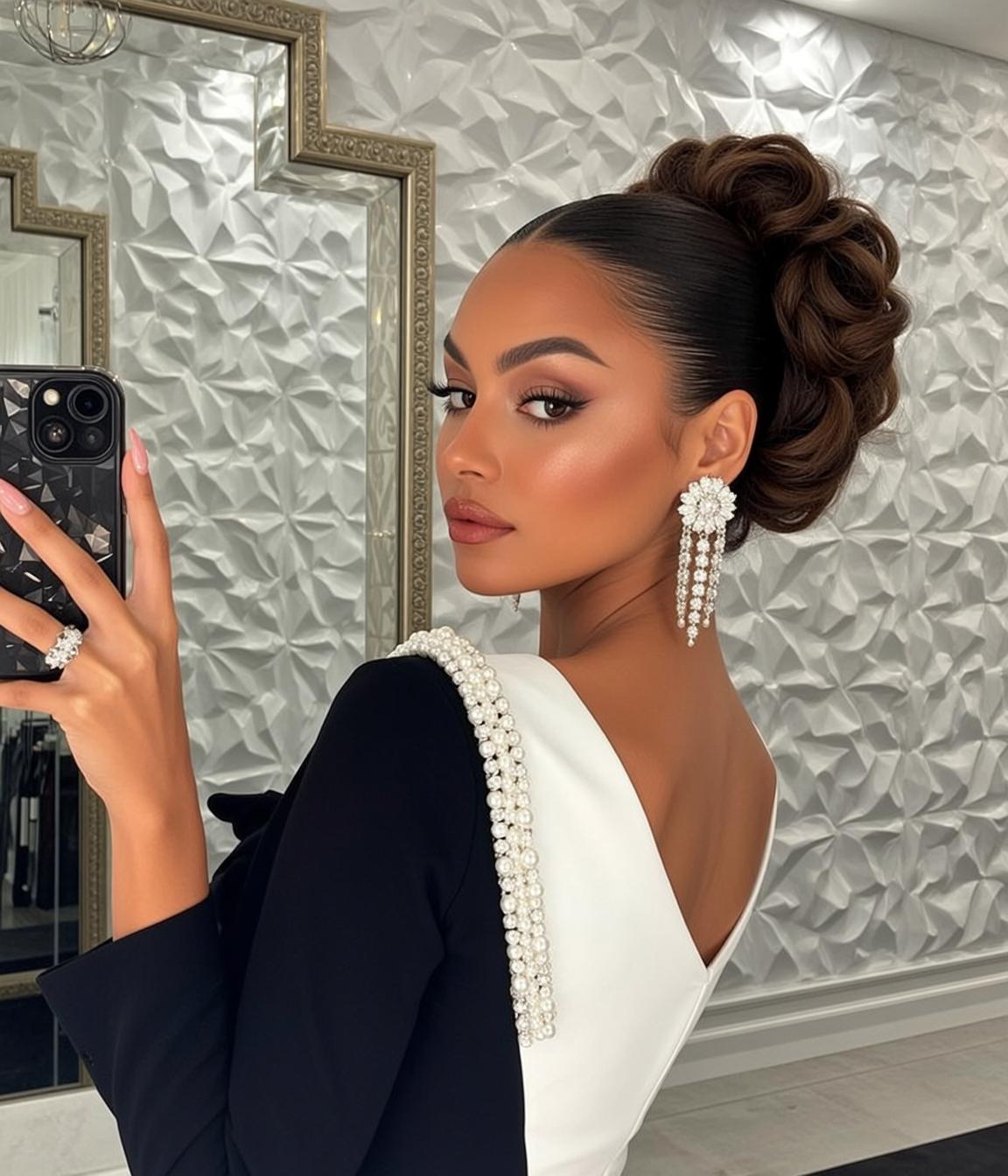 Woman Dark Hair Elaborate Updo Pearl Dress Chandelier Earrings