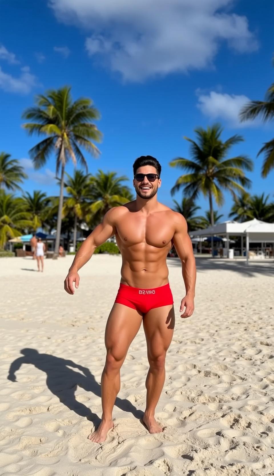 Muscular Dark Brown Short Tanned Red Swim